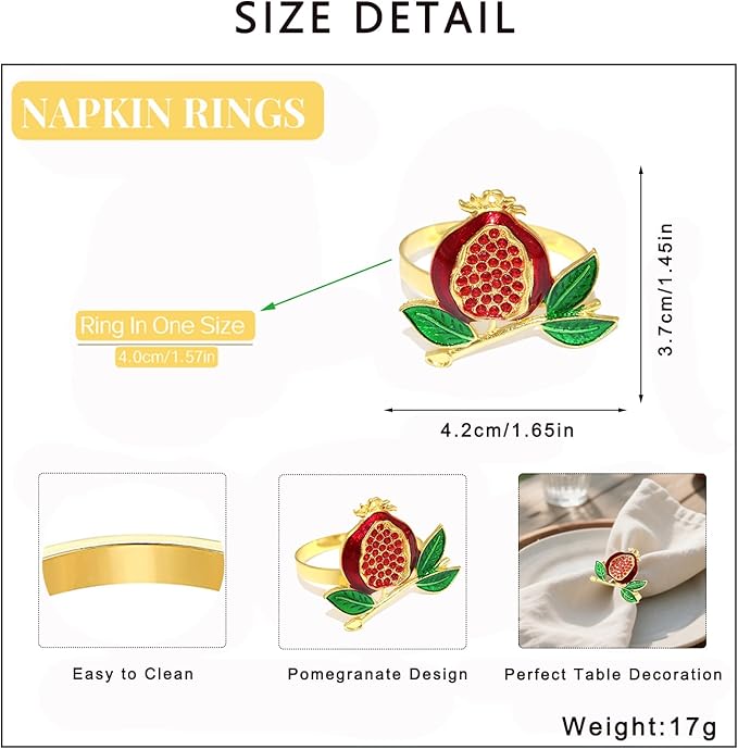 Christmas Pomegranate Napkin Rings set of 6 Red Fruit Napkin Rings for Thanksgiving New Year Dinner Decor,Gold Fall Napkin Ring Holders for Beach Wedding Garden Party Home Daily Table Setting