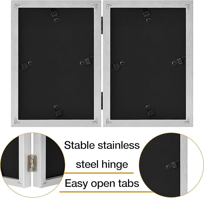 decorUhome Double 5x7 Picture Frame Vertical, Engineered Wood Bifold Photo Frame with Plexiglass for Tabletop Display, 5x7, Silver