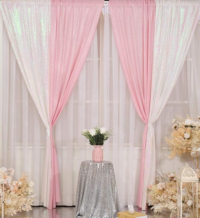 4Pcs 2Ft x 8Ft Pink Sequin Backdrop Curtains, Glitter Photography Background, Sequence Xmas Thanksgiving Backdrop (Pink, 4 pcs-2ftx8ft)