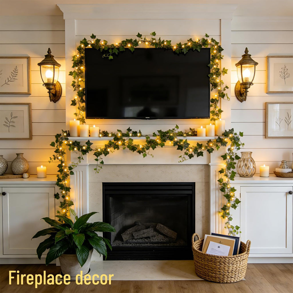 JMEXSUSS 33Ft Vines with Lights Battery Operated, 100 LED Ivy Vines with Fairy Lights Leaf with Remote for Bedroom Wall Classroom Dorm Wedding Birthday Party Decor(Warm White)