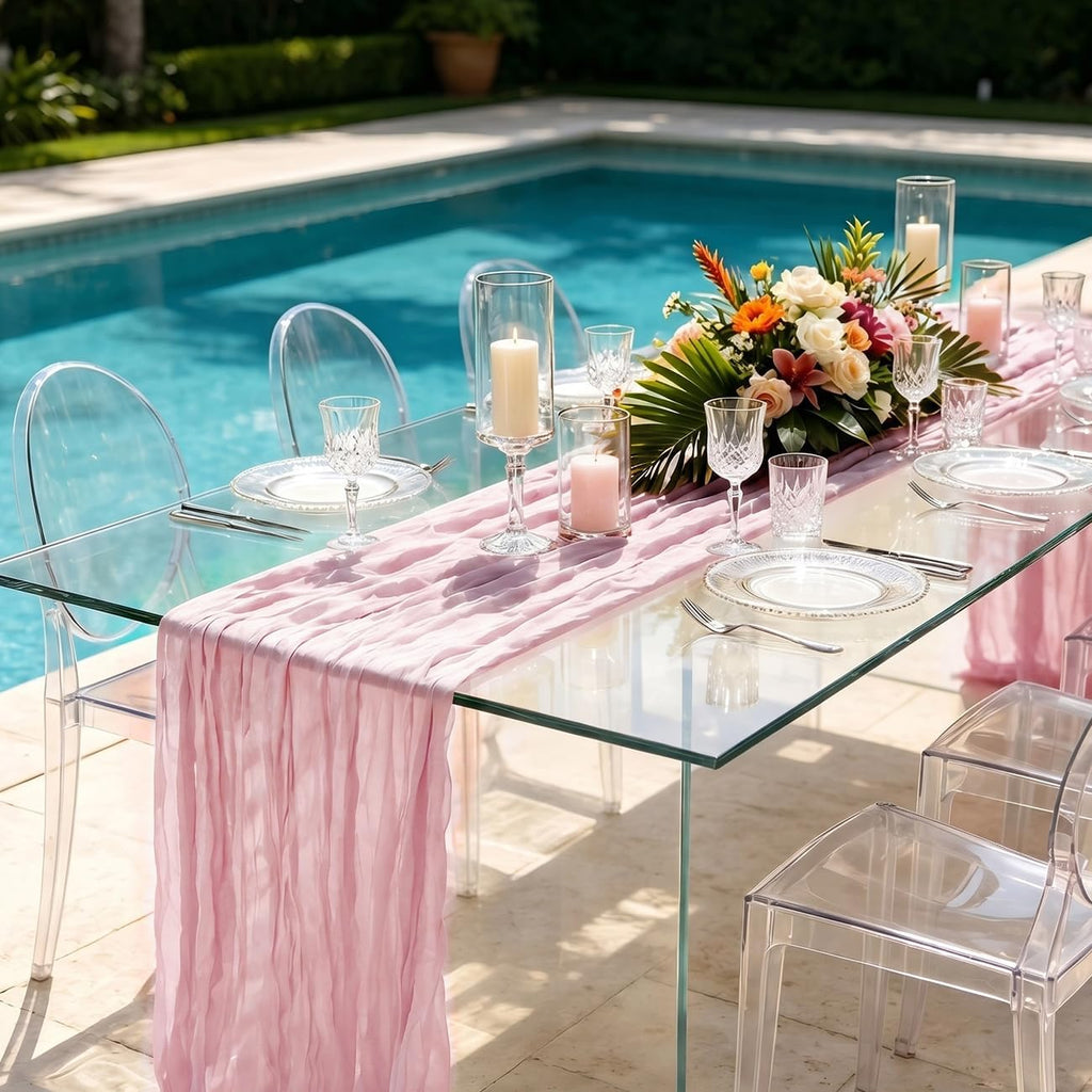 3 Pack Light Pink Cheesecloth Table Runner 21 x 120 Inch Boho Gauze Sheer Table Runner 10FT Long for Wedding Baby Shower Bridal Shower Easter Holiday Birthday Home Decor