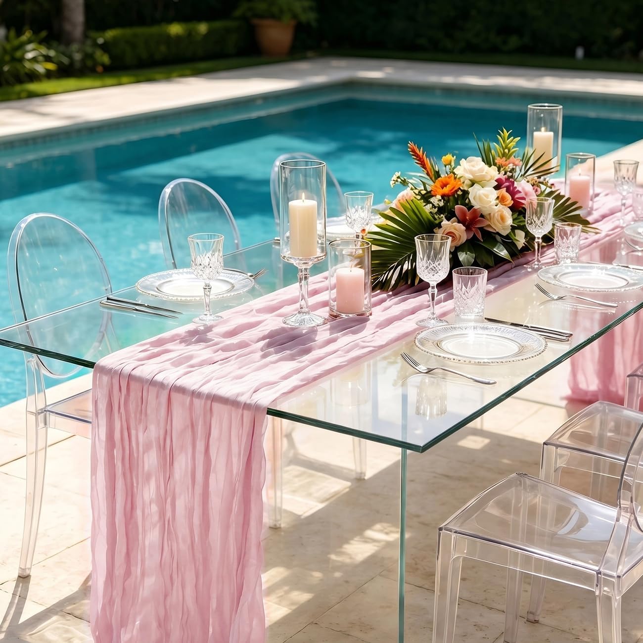 3 Pack Light Pink Cheesecloth Table Runner 21 x 120 Inch Boho Gauze Sheer Table Runner 10FT Long for Wedding Baby Shower Bridal Shower Easter Holiday Birthday Home Decor