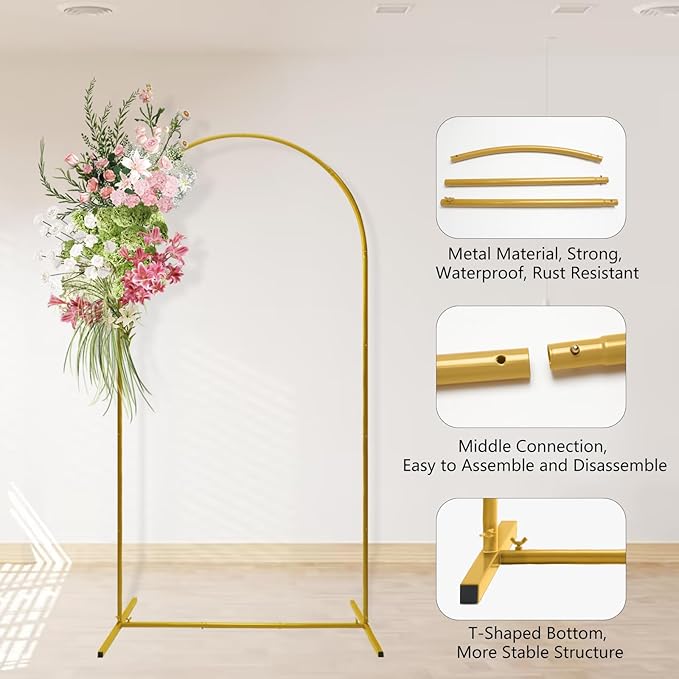 U+U Arch Backdrop Stand Set of 3, Gold Arch Stand for Wedding Birthday Party Bridal Baby Shower Balloon Arch Decoration (7.2FT, 6.6FT, 6FT)