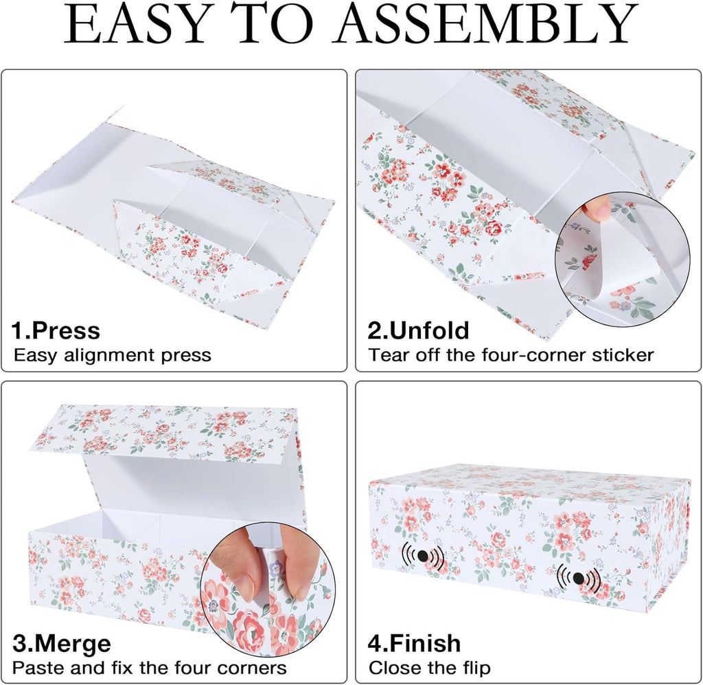 LFBOX Rose Floral Gift Box with Magnetic Lids 1 Pack | Large Bridesmaid Proposal Boxes 13.8x8.3x4.4 in, Rectangle Wedding Decorative Storage Box