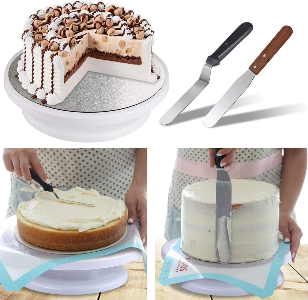 Cake Decorating kit - Cake Turntable and 10 inch Cake Board,2 Icing Spatula 3 Cake Scrapers,Cake Brush,Cake Flower Lifter,Cake Pen,3 Pastry Bags 24 Stainless Icing Tip 6 Piping Tip Couplers