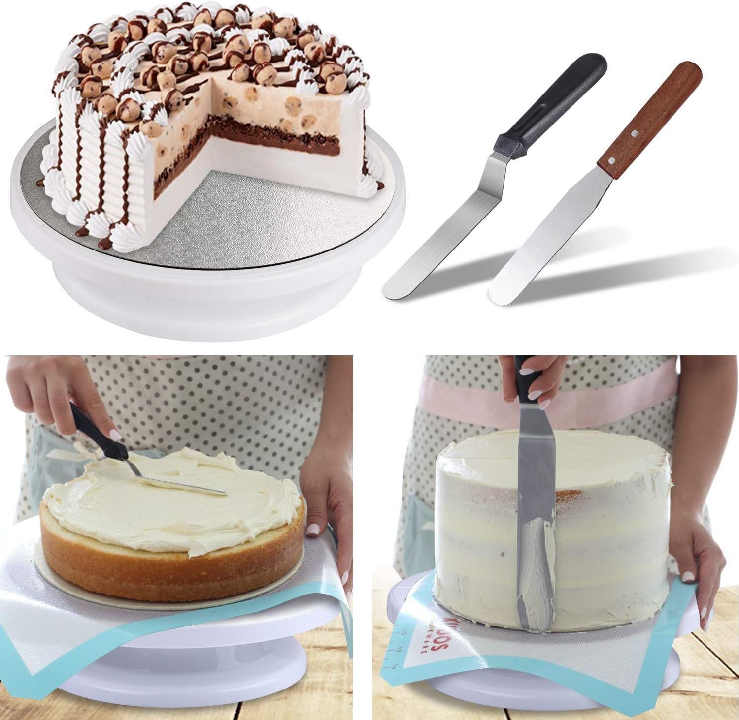 Cake Decorating kit - Cake Turntable and 10 inch Cake Board,2 Icing Spatula 3 Cake Scrapers,Cake Brush,Cake Flower Lifter,Cake Pen,3 Pastry Bags 24 Stainless Icing Tip 6 Piping Tip Couplers