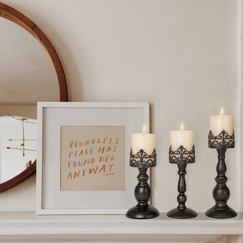 BANOMII Distressed Black Candle Holders for Pillar Candles Set of 3, Vintage Crown Candle Stands for Table Centerpiece Decor, Tall Antique Metal Candle Holder Set for Fireplace Decoration, Ideal Gift