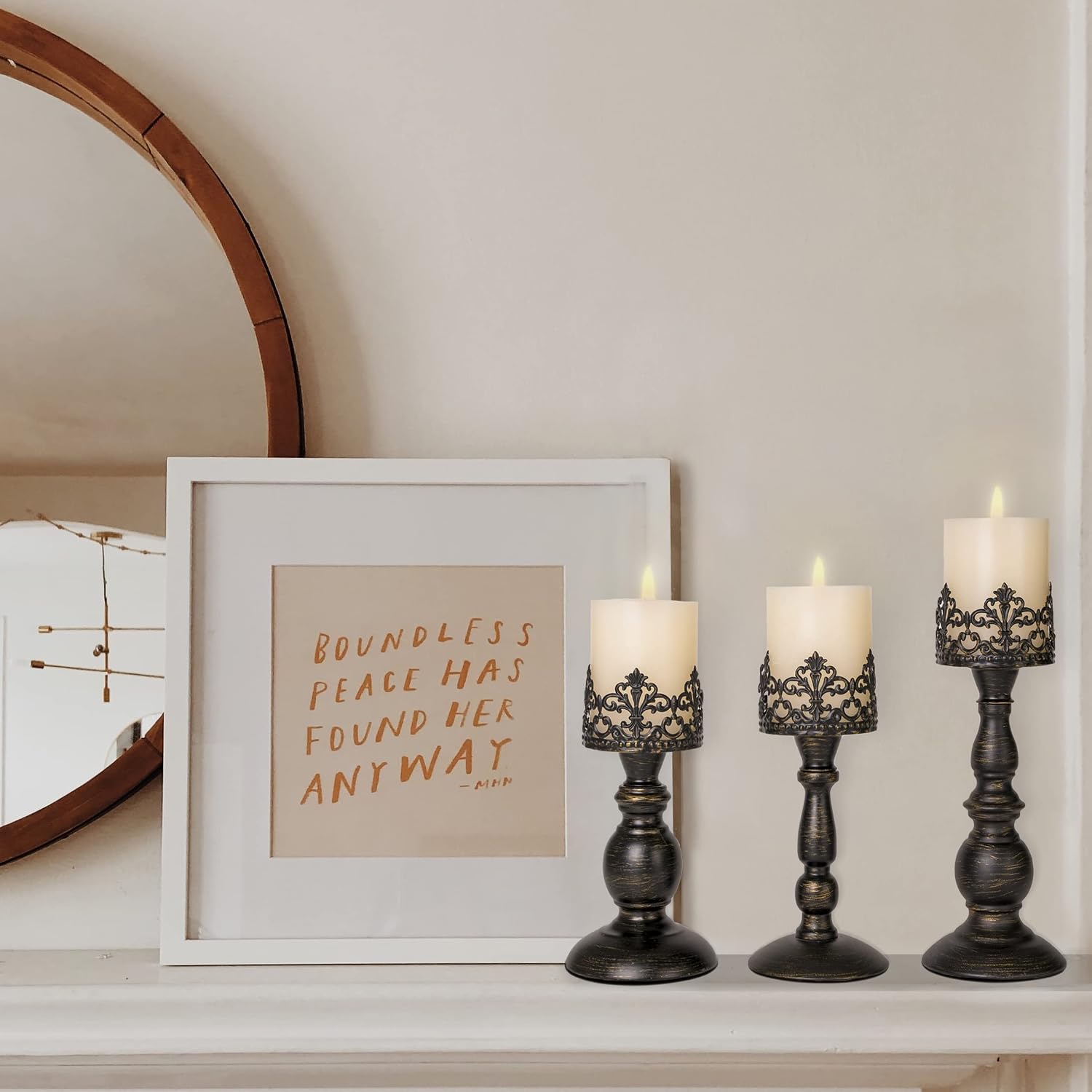 BANOMII Distressed Black Candle Holders for Pillar Candles Set of 3, Vintage Crown Candle Stands for Table Centerpiece Decor, Tall Antique Metal Candle Holder Set for Fireplace Decoration, Ideal Gift