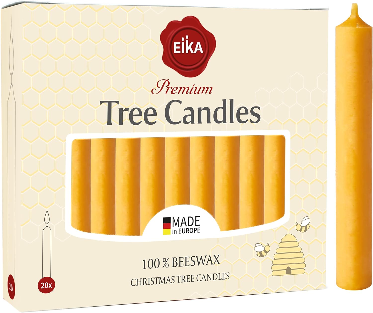 Eika Premium 100% Beeswax Tree Candles - Pack of 40 Honey Colored Natural Christmas Wax Candles for Pyramids, Carousels & Chimes - Made in Europe