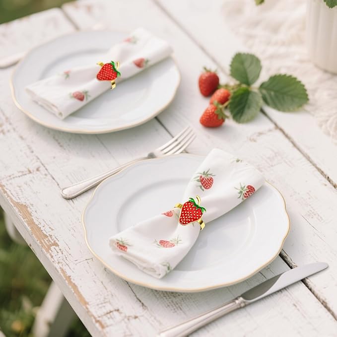 Gold Strawberry Napkin Rings Set of 8 Fall Fruit Napkin Ring Holders for Garden Weddding,Rustic Farmhouse Napkin Rings for Christmas Thanksgiving Day Family Gathering Dinner Table Decor