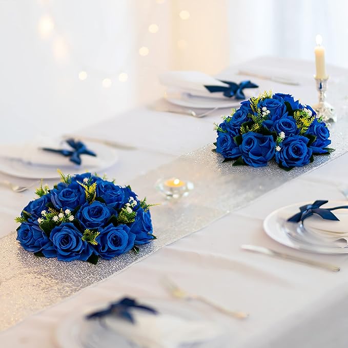 BLOSMON Blue Flowers Artificial for Decoration: 2 Pcs Fake Roses Flower Balls Centerpiece for Wedding Table - Silk Kissing Bouquet with Base Floral Arrangement for Home Party Event Decor