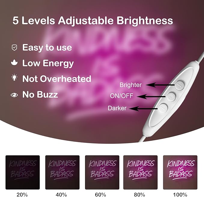 KINDNESS IS BADASS Neon Sign – Pink LED Wall Light, Inspirational Neon Word Sign for Bedroom, Dorm, Living Room, Office & Gift Décor