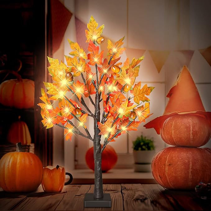 24 Inch Fall Lighted Maple Tree, 2FT Fall Tree with 36 LEDs, 6 Acorns, Timer Battery Operated, Thanksgiving Decorations Table Lights Tree for Autumn Wedding Party Gift Harvest Home