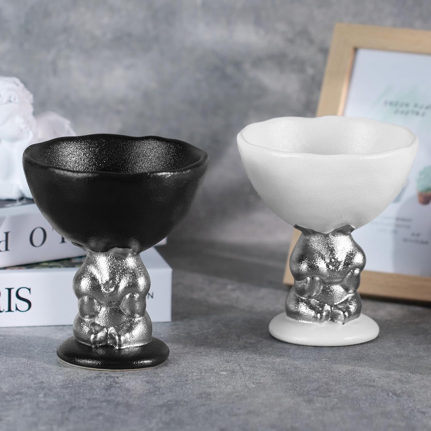 KAMMAK Ceramic Candle Holder with Silver Rabbit Figurine Base -Matte Black Scalloped Bowl Pedestal Stand for Pillar Candles, Animal-Inspired Design Black Rabbit High-Foot Bowl Candle Holder