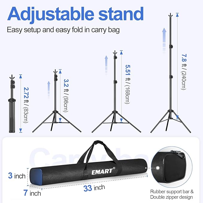 EMART Backdrop Stand 10x7.8ft(WxH) Photo Studio Adjustable Background Stand Support kit with 2 Crossbars, 8 Clamps, 2 Sandbags and Carry Bag for Parties, Events Decoration, Wedding, Photography