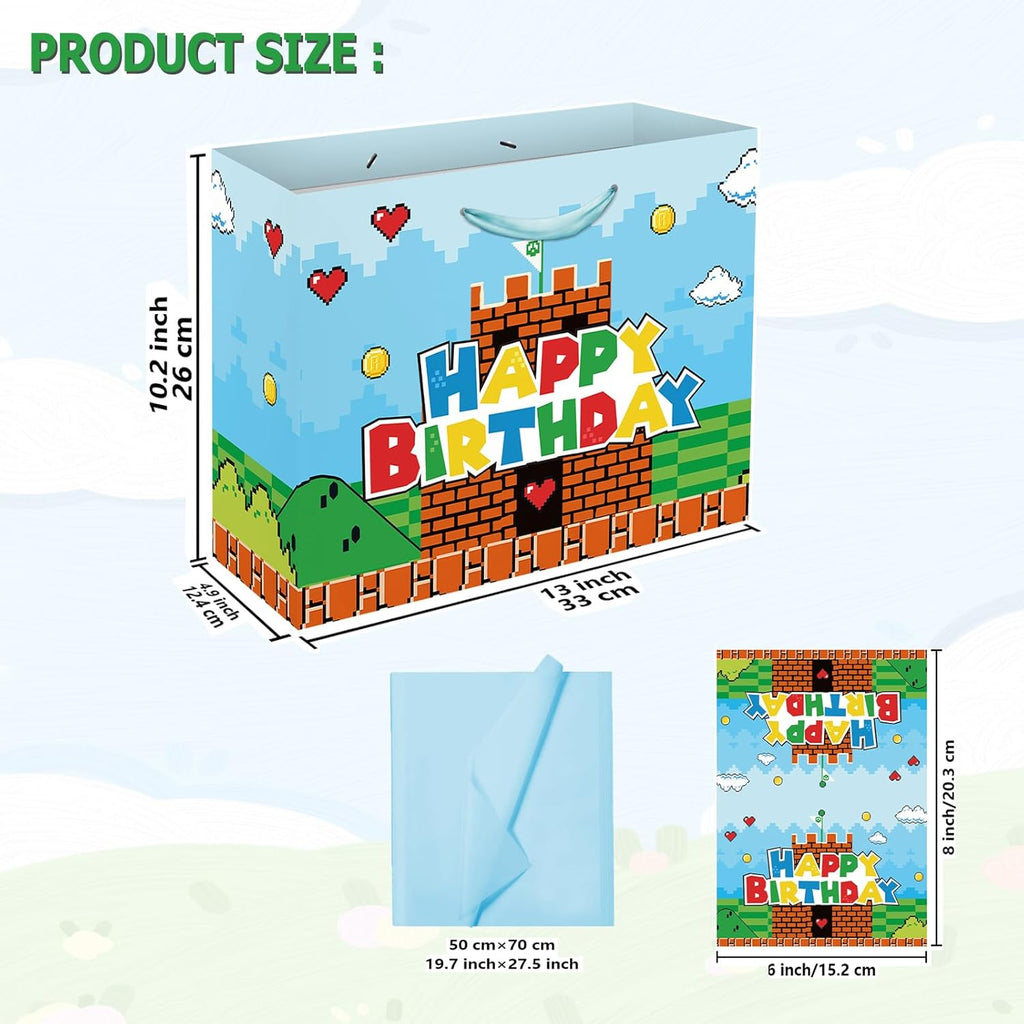 13" Large Super Brother Gift Bag Set with Greeting Card and Tissue Papers, Video Games Theme Happy Birthday Gift Bags for Birthday Party Celebration.