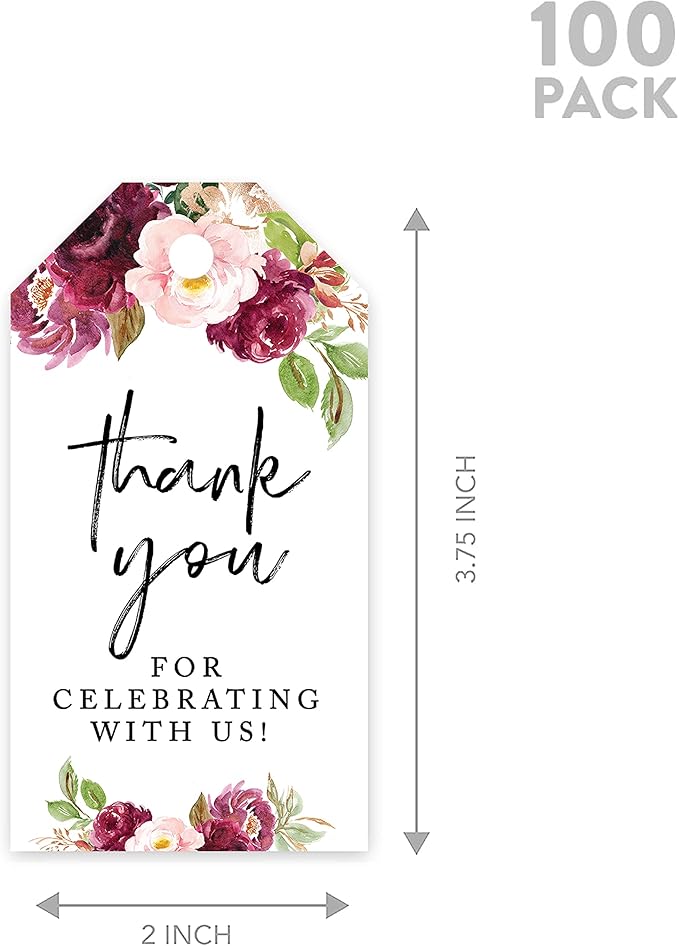 Andaz Press 100-Pack Thank You for Celebrating with Us Favor Tags Fall Burgundy Marsala Cardstock Gift Tags with Bakers Twine for Wedding Baby Shower Bridal Shower Party Favors 2 x 3.75-Inches