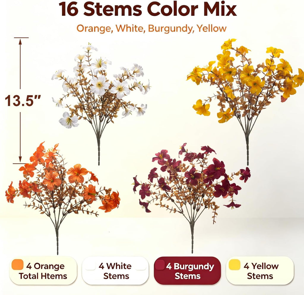 16 bundles artificial fall flowers, uv resistant faux shown in use