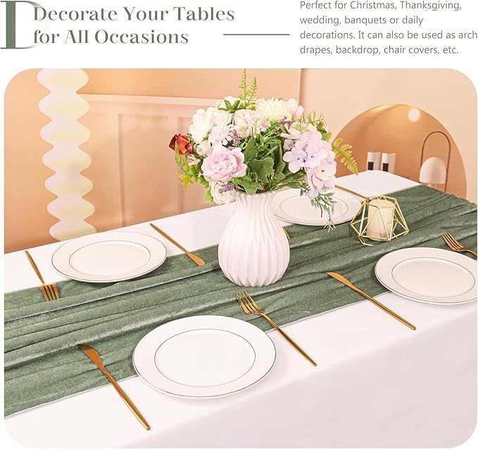 Velvet Table Runner 20 x 120 Inches 10ft Luxurious Thick Soft Velvet Christmas Thanksgiving Wedding Reception Table Runner for Party Reception Decorations(Sage Green, 6 Pack)