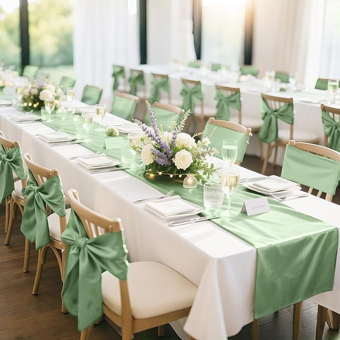 10 Pack Sage Green Satin Table Runner 12x108 Inches Long, Bright Silky Smooth Satin Table Runner Table Decor for Wedding Banquet Christmas Prom Event Birthday Party