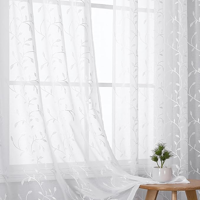 VISIONTEX White Sheer Voile Curtains, Decorative Beige Leaves Embroidery Faux Linen Rod Pocket Window Drapes for Home Kitchen, Living Room and Bedroom 54 x 63 Inch, Set of 2 Curtain Panels