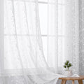 VISIONTEX White Sheer Voile Curtains, Decorative Beige Leaves Embroidery Faux Linen Rod Pocket Window Drapes for Home Kitchen, Living Room and Bedroom 54 x 63 Inch, Set of 2 Curtain Panels