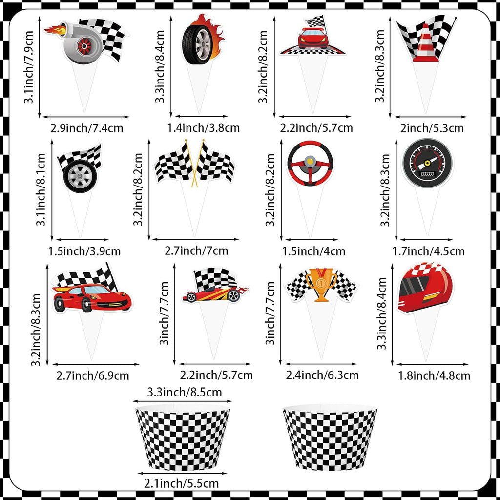 48 Pack Race Car Cupcake Toppers and Wrappers, Race Car Party Cake Decoration for Racing Checkered Theme Birthday Party Baby Shower Supplies