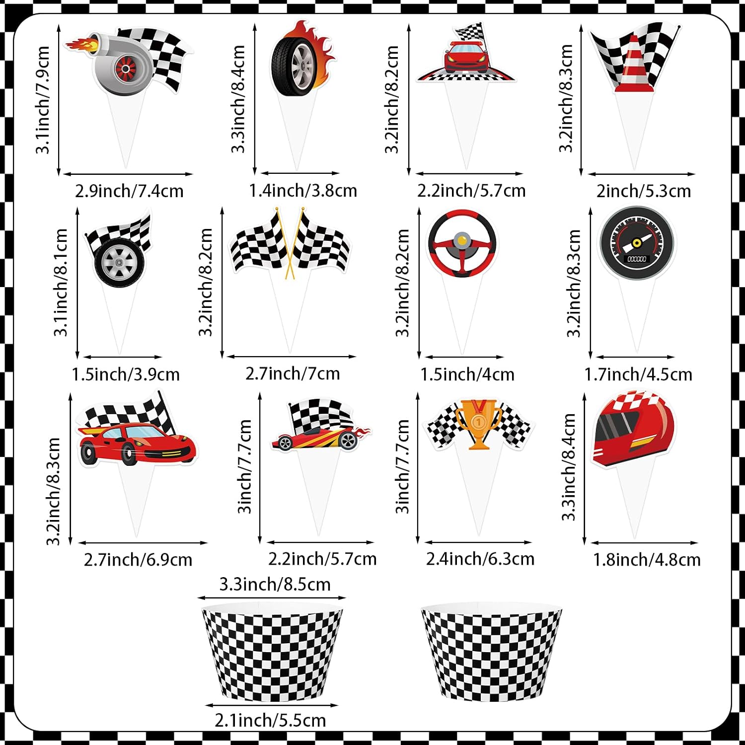 48 Pack Race Car Cupcake Toppers and Wrappers, Race Car Party Cake Decoration for Racing Checkered Theme Birthday Party Baby Shower Supplies