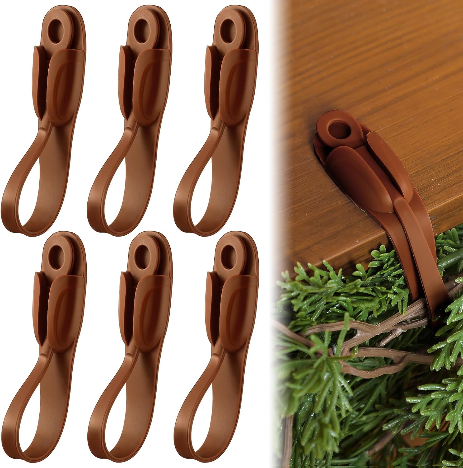 Relaxweex 6 Pcs Garland Hanger for Mantle No Drill Garland Hangers Hooks Wreath Ties Fireplace Stocking Holder Stretchable Silicone Adhesive Straps for Door Frame Stairways (Brown)