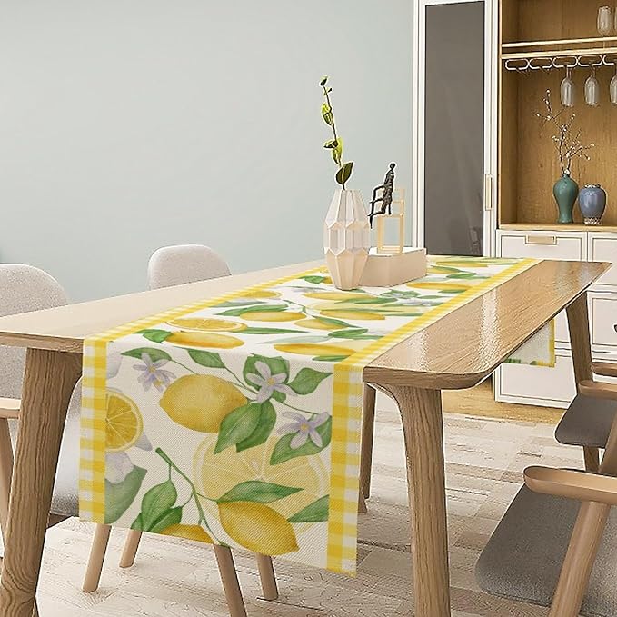 Lemon Table Runner,Yellow White Buffalo Plaid Summer Table Runner for Kitchen Dining Table Home Party Decoration 13x90 Inch