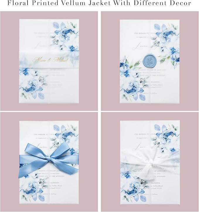 PONATIA 50PCS Vellum Jackets for 5x7 Invitation Cards- 135GSM Light Blue Floral Printed Vellum Sleeves, Quinceanera Wedding Invitation Cards Wraps, Transparent Christmas Gift Cards Jackets