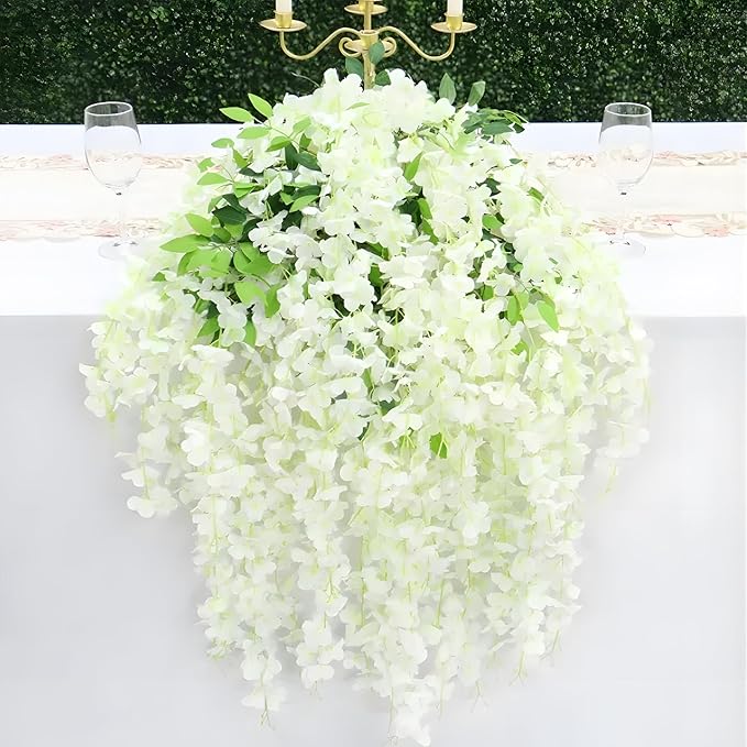 12 Pack Green White Wisteria Hanging Flowers, 3.44 Ft Fake Hanging Flowers, Artificial Wisteria Garland Vines for Wedding Room Backdrop Outdoor Patio Garden Decoration