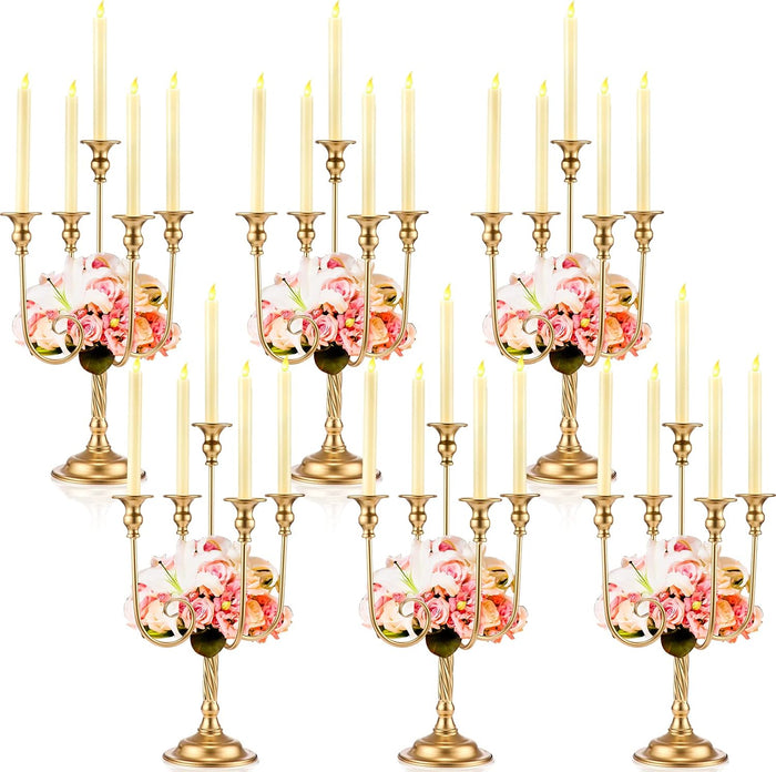 6 Pcs Gold Candelabra Candlestick Holder, 9.45 x 9.45 x 19.7 Inch, 5 Arm