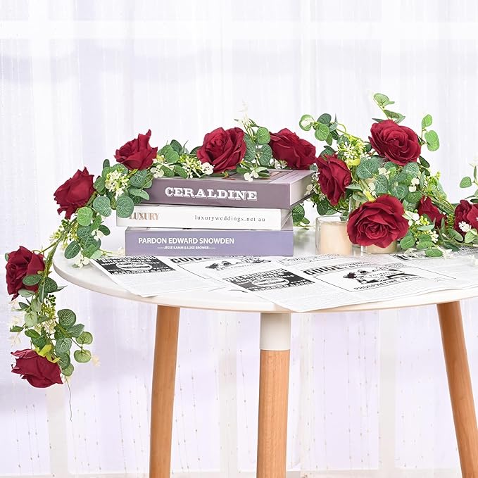 Dolicer 2Pcs 13Ft Artificial Eucalyptus Garlands with Flowers - 8 Roses, Faux Floral Greenery Garlands Fake Flowers Vines for Wedding Table Centerpieces Arch Party Ceremony Backdrop Decor (Red)