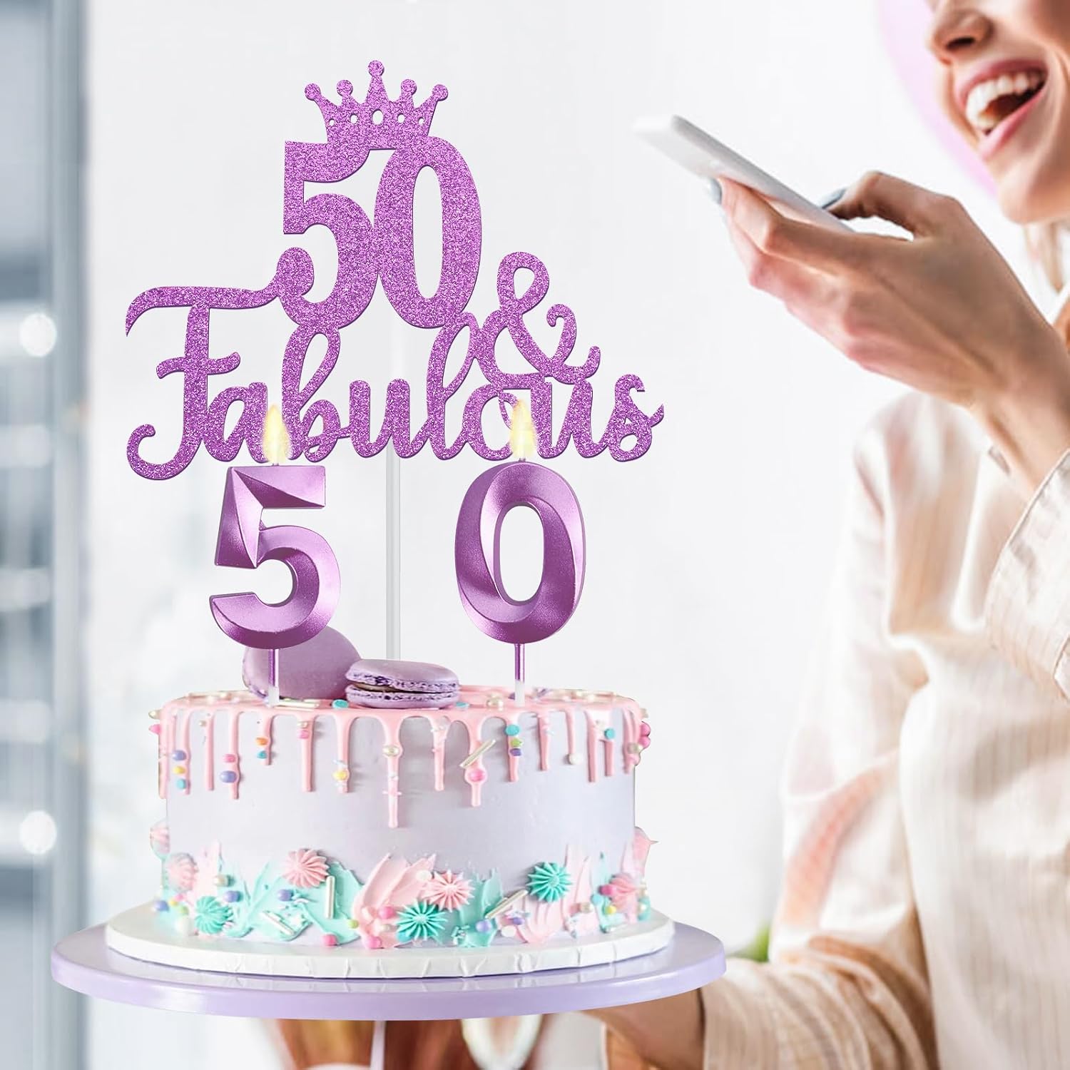 50th Birthday Gifts for Her with 12oz Tumbler/Mug Wine or Coffee, Birthday Crown, Sash, Cake Topper and Candles, 50 Year Old Decorations Women Purple