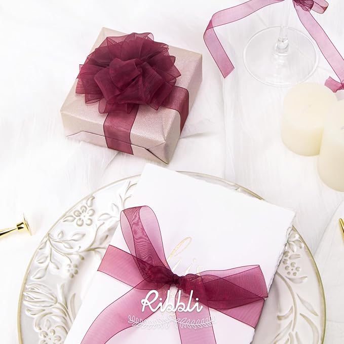 Ribbli Wine Red Organza Ribbon,1/2 Inches x Continuous 50 Yard,Wine Sheer Ribbon for Gift Wrapping,Cookie Wrapping,Wedding Decoration,All Crafting and Sewing
