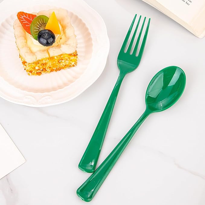 Heavy Duty Christmas Silverware - WDF 160 Pcs, Green Plastic Includes 80 Forks, 40 Spoons, 40 Knives; Perfect for Parties or Daily Use