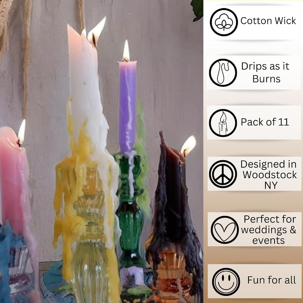 Candlestock Hippie Drippy Drip Candles - Pack of 11 Dripping Taper Candles - Wine Bottle Melting Candles (Hippie Rainbow)