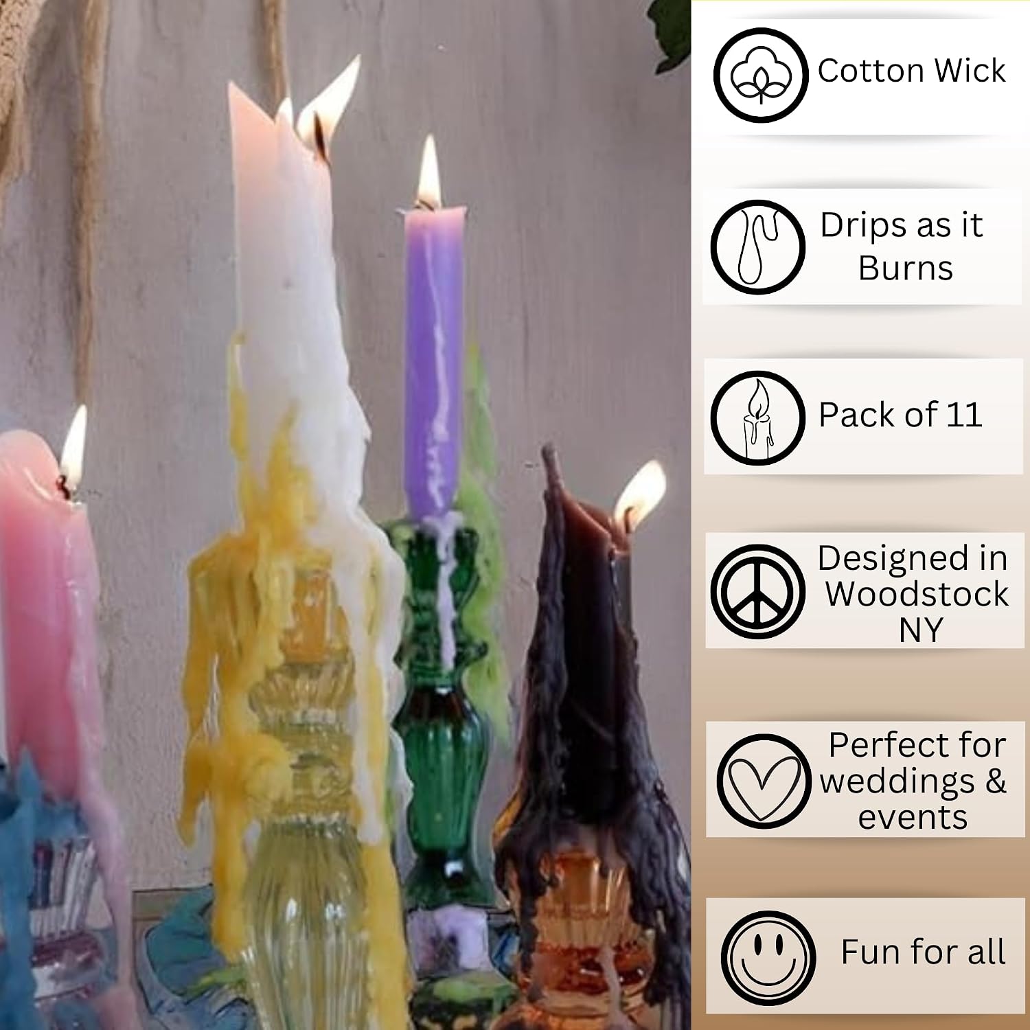Candlestock Hippie Drippy Drip Candles - Pack of 11 Dripping Taper Candles - Wine Bottle Melting Candles (Hippie Rainbow)