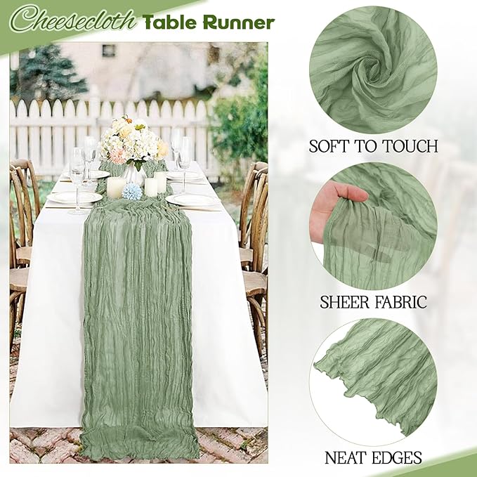 Aktor 12 Pack Sage Green Table Runner Boho Cheesecloth Table Runner Semi Sheer Gauze Fabric Runners for Wedding Birthday Baby Shower Party Boho Table Decoration（Sage Green）