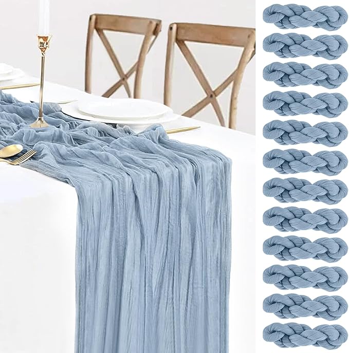 12 Pack Dusty Blue Cheesecloth Table Runners 35x120 Inch,10FT Boho Fall Thanksgiving Blue Gauze Table Runner Cheese Cloth for Wedding Party Baby Shower Home Decorations