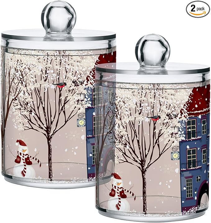 Gredecor Christmas Winter Qtip Holder Dispenser 2 Pack Snowmen Snow Courtyard with Trees Bathroom Decorative Storage Canister Holder Counter Vanity Organizer for Cotton Ball Swabs Pads Floss
