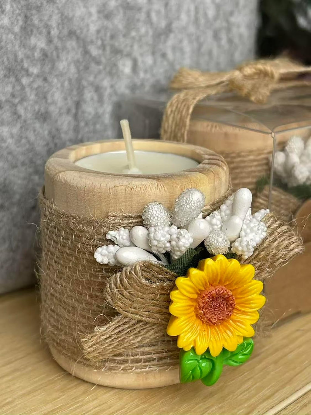 24 Pack Sunflower Wood Tealight Handmade Candle Holders - Wedding, Baby Shower, Baptism Favors & Centerpieces, Cylinder Candles Decorations