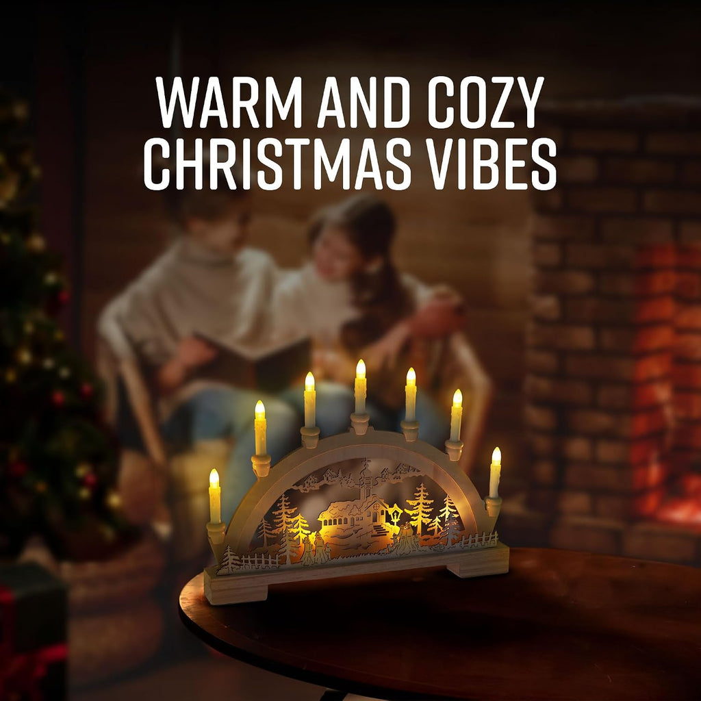 GloBrite Wooden Candle Bridge with 7 Warm White LED Candles | Battery Operated LED Lights Christmas Decorations | Arch Holders Candle Bridge for Indoor Home Decor