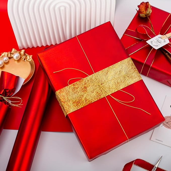 Garbendy Red Wrapping Paper - Solid Color Metallic Sparkle Paper Perfect for Birthday, Wedding, Baby Shower, Party - 17 Inch X 33 Feet