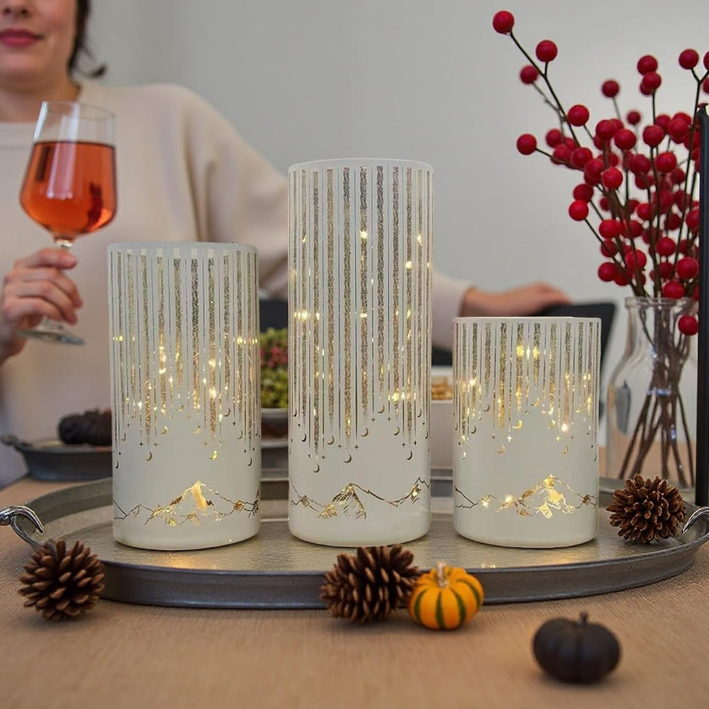 Starry Night Hurricane Candleholders with Warm LED Lights & Remote Timer, Elegant Twinkling Decorative Centerpieces for Wedding, Dining Table, Living Room, Mantel Décor, Set of 3 (White)