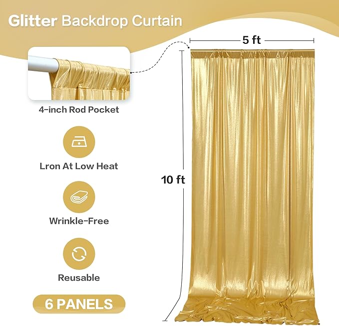 gogoparti 30x10FT Gold Sequin Backdrop Curtain - 6 Panels of 5x10FT Wrinkle-Free Glitter Drapes for Photography, Birthdays, Weddings & Graduations