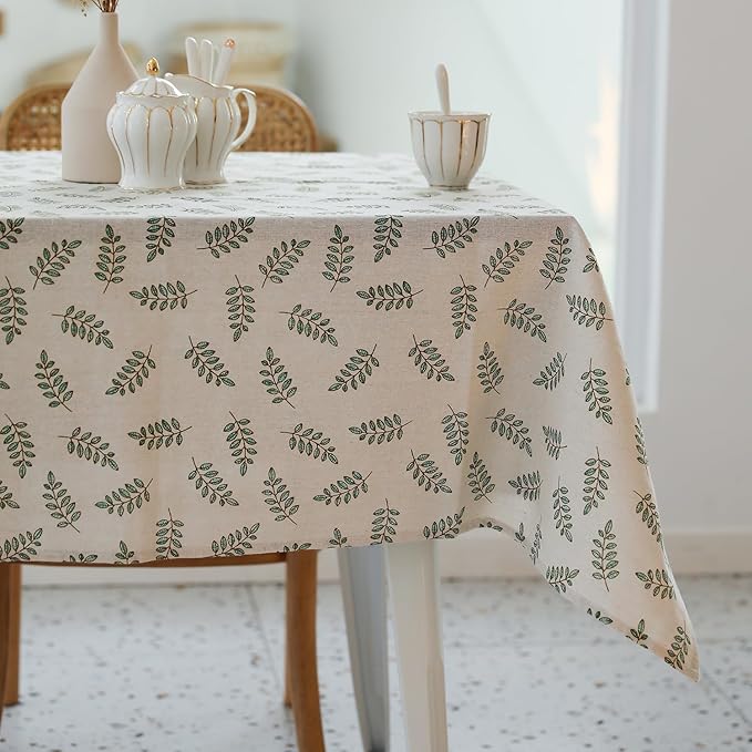 Pastoral Rectangle Tablecloth - 60 x 84 Inch - Beige Linen Table Cloth - Washable Table Cover with Dust-Proof Wrinkle Resistant for Restaurant, Picnic, Bistro, Indoor and Outdoor Dining, Green Leaf