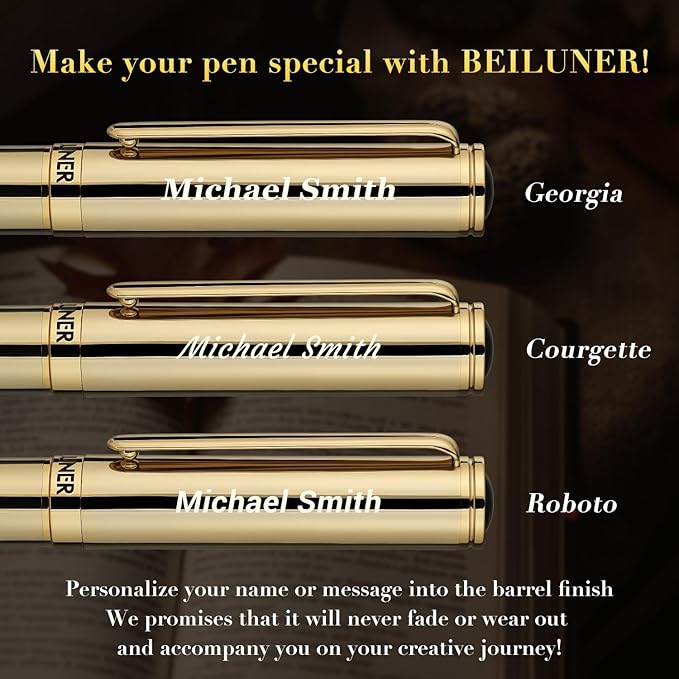 BEILUNER Gold Personalized Fountain Pen,Stunning Luxury Surface,24K Gilded Nib(Fine),Gorgeous 24K Gold Finish, Ink Converter,Fancy Gift for Men&Women-Elegant, Graduation,Office Pens for Writing