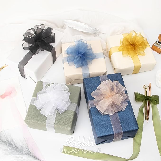 Ribbli Dusty Blue Organza Ribbon 1 Inches x Continuous 50 Yard Blue Sheer Ribbon for Gift Wrapping,Cookie Wrapping,Wedding Decoration